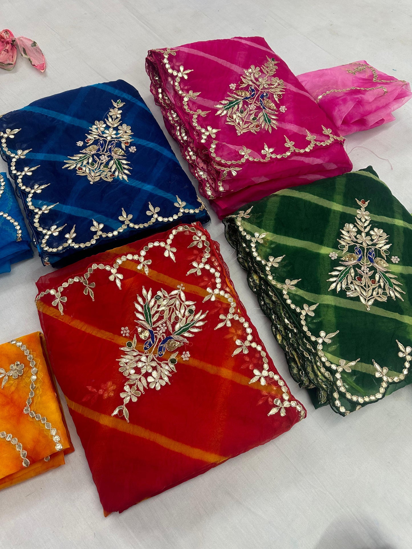 Desinger Organza Leheriya Pattern Gota Patti Work Saree With Contrast Blouse