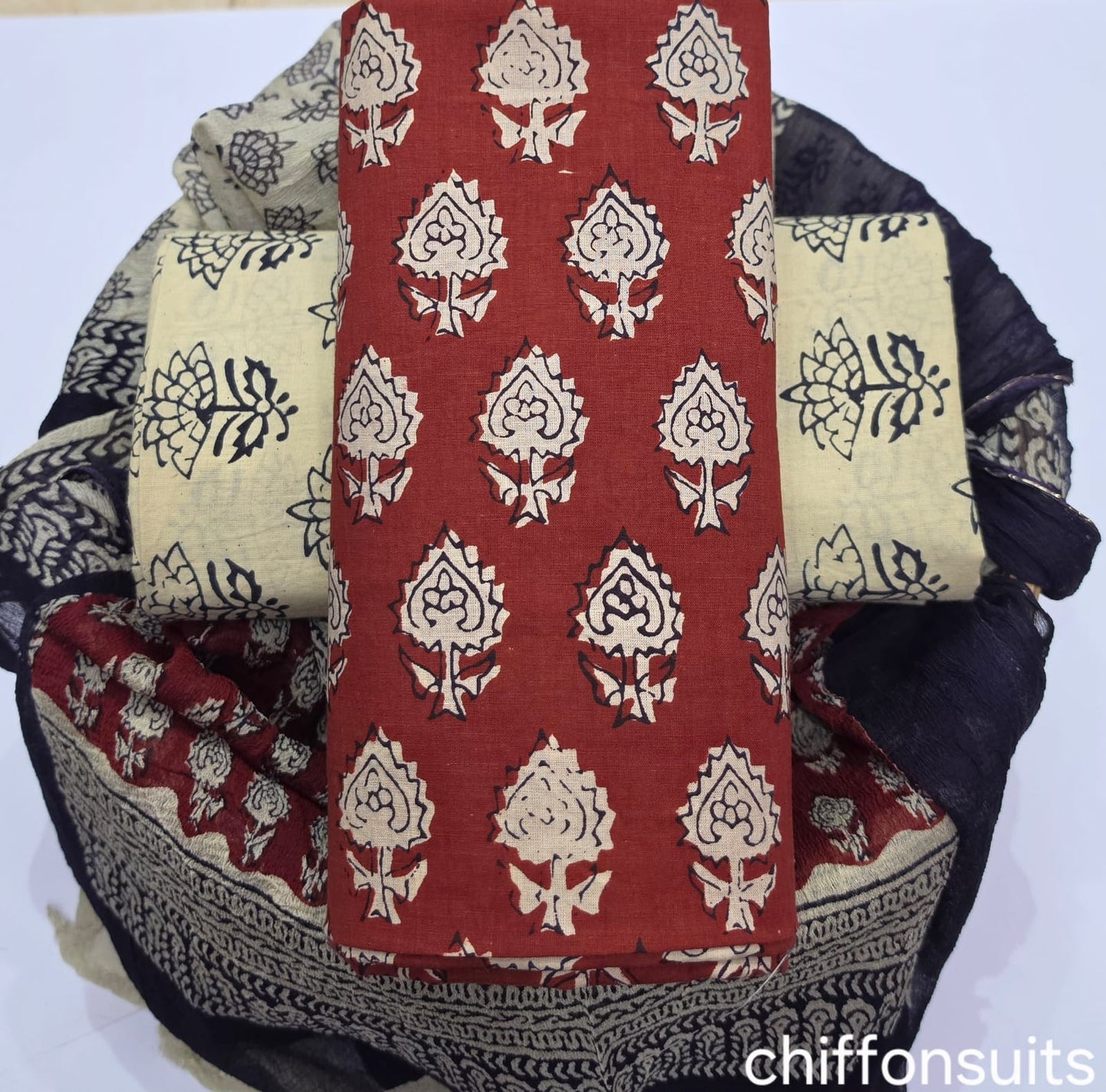 Pure cotton hand-block print suit with Chiffon dupatta