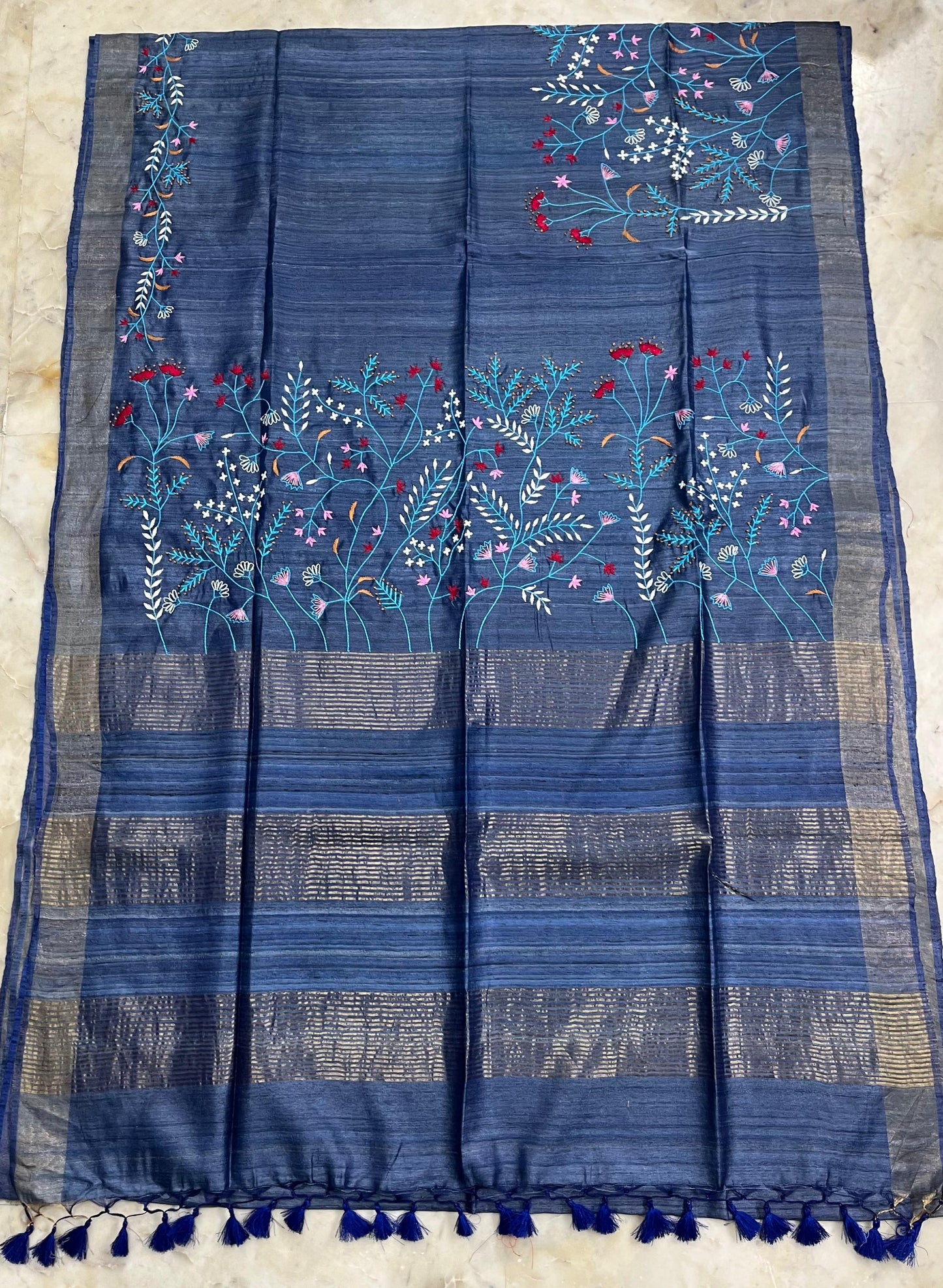 Pure Desi Tussar By Tussar Silk Embroidery Work Saree With Running Blouse