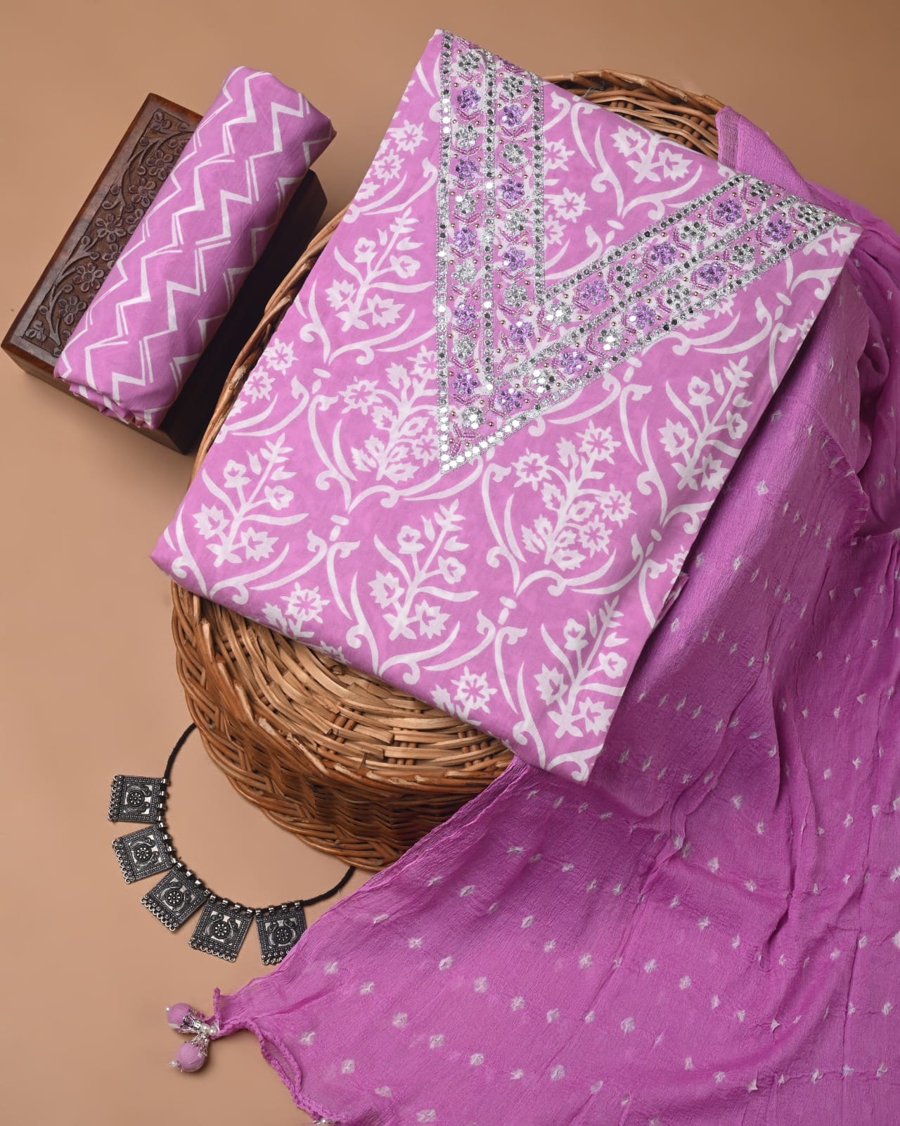 Designer gota patti hand work cotton unstitched suit with chiffon dupatta