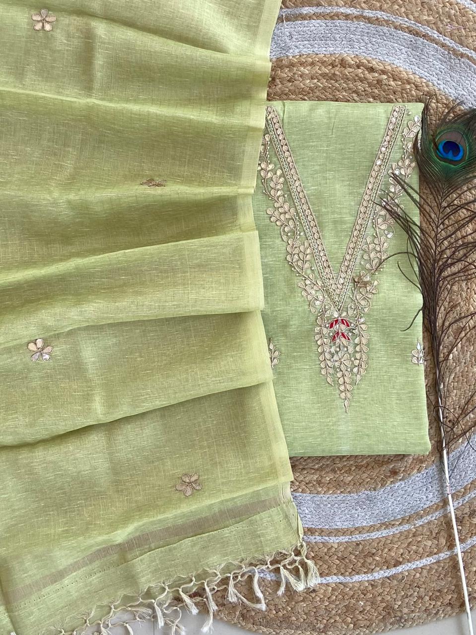 Pure Kota-Doria Unstitched Suit Gota Patti work Work