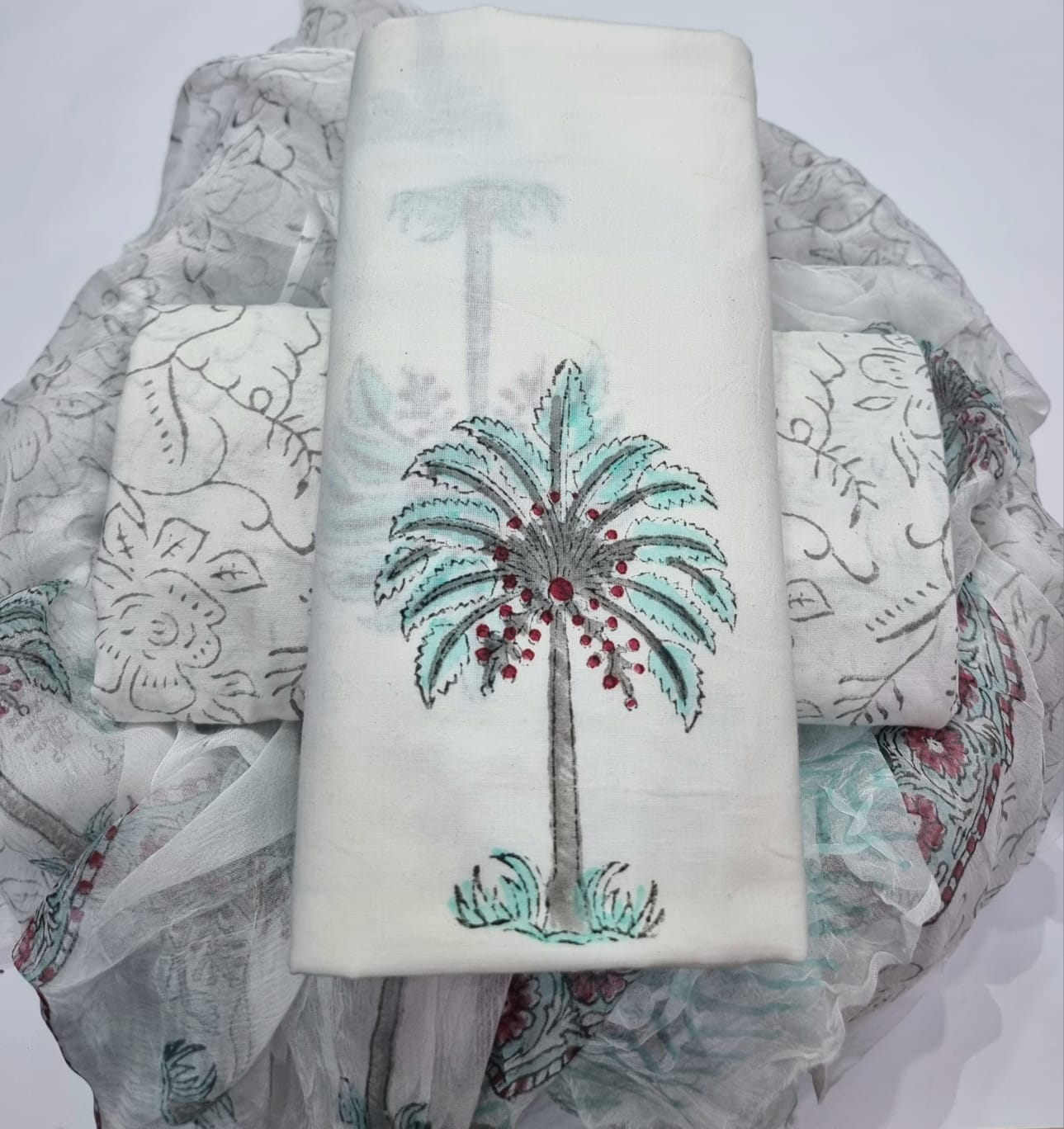 Pure cotton hand-block print suit with Chiffon dupatta