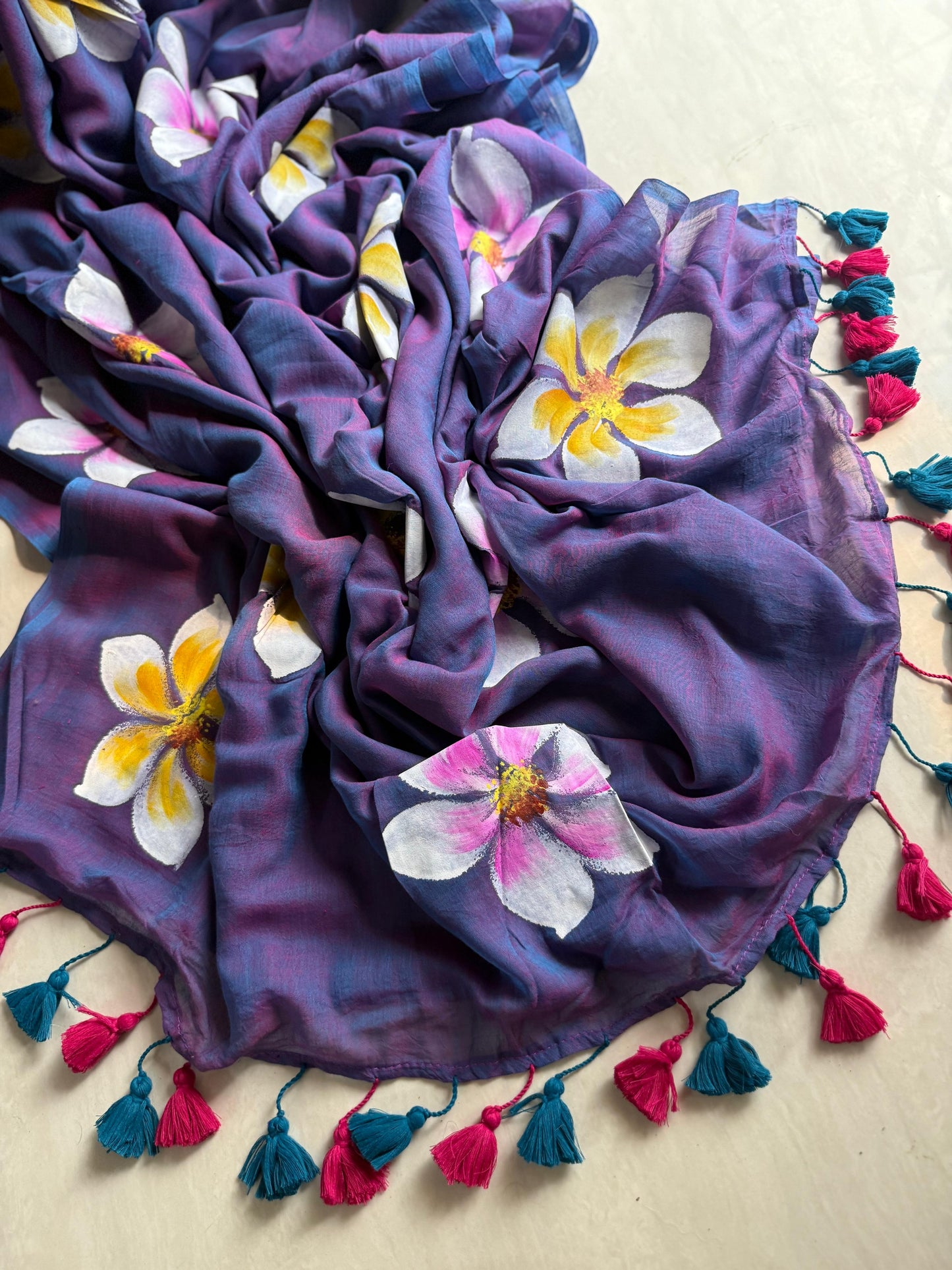 Beautiful Mulmul Cotton Flowers design Hand Painted Saree