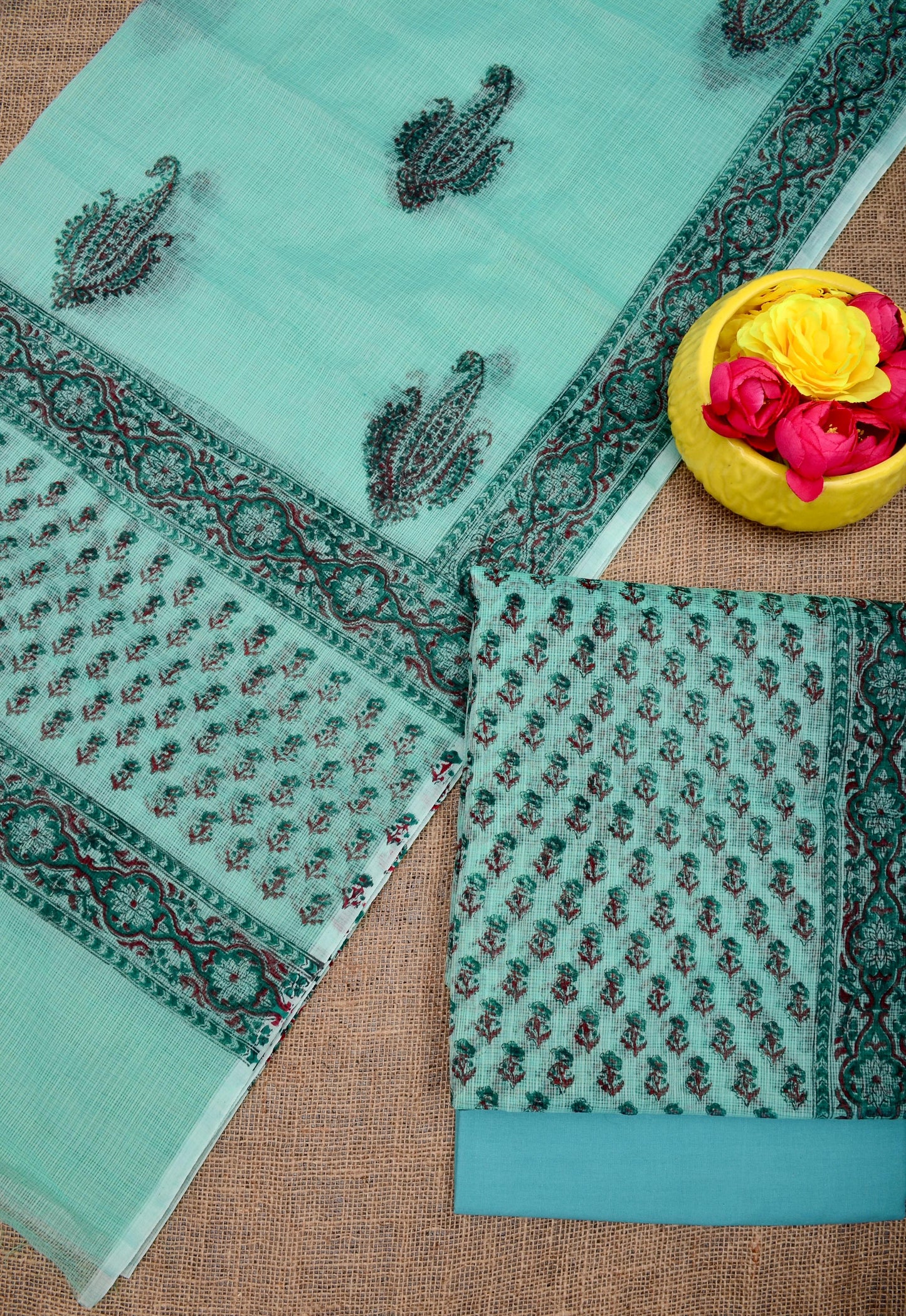 Kota Doria Hand Block print Unstitched Suit