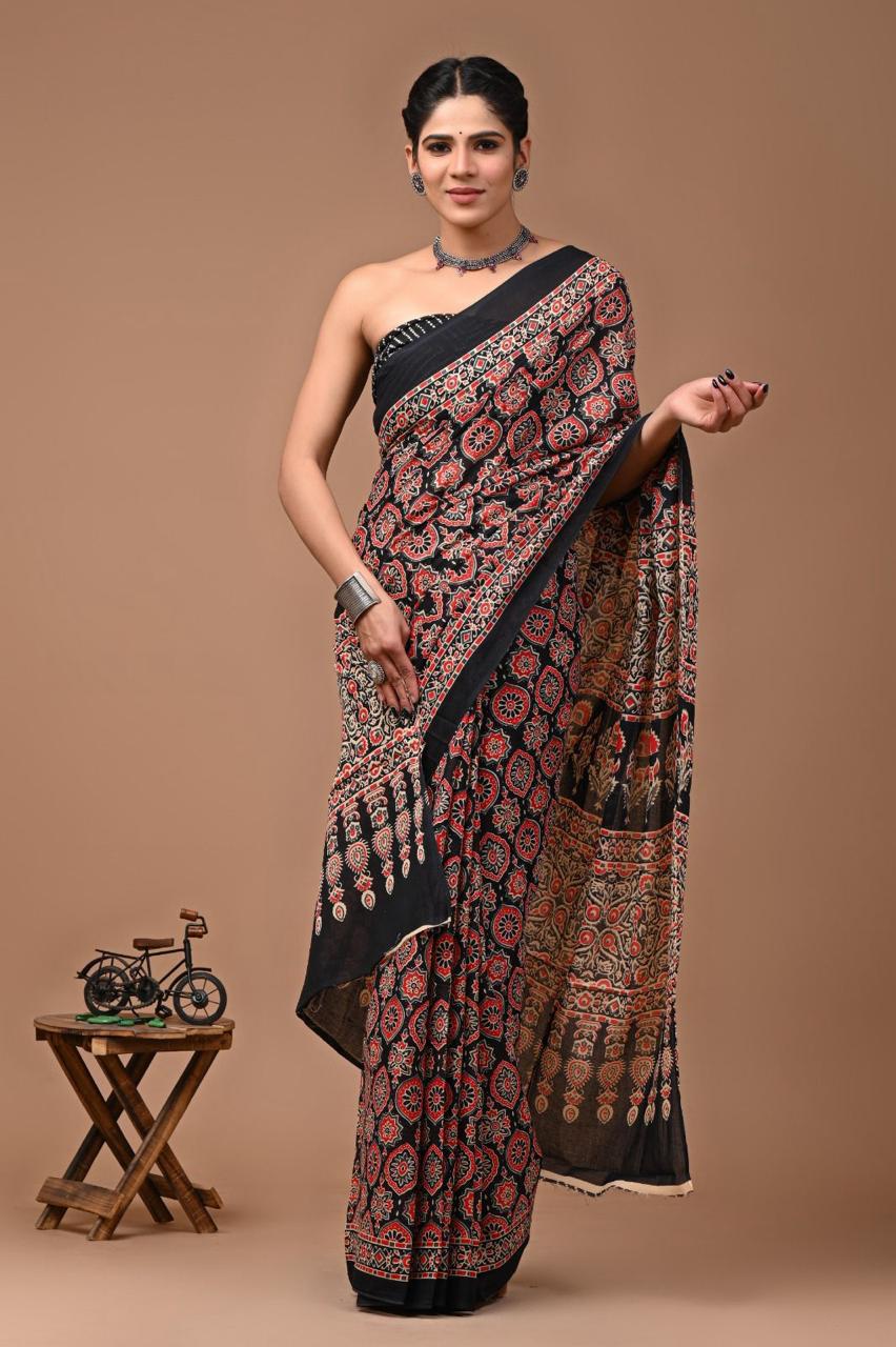 Pure Mulmul Cotton hand block Print Saree with Blouse