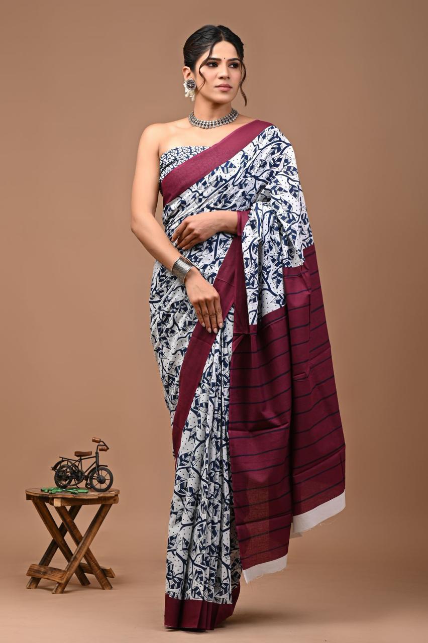 Pure Mulmul Cotton hand block Print Saree with Blouse
