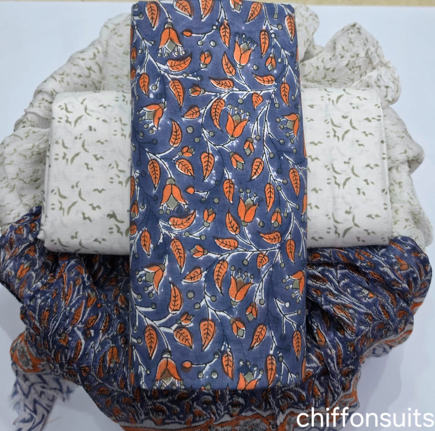 Pure cotton hand-block print suit with Chiffon dupatta