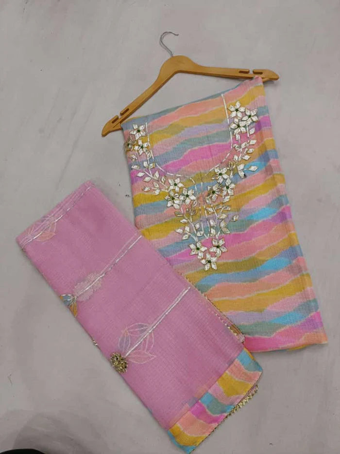 Premium Kota Doria Cotton 3 Pic Unstitched Suit Material with Hand Gota Work & Dupatta