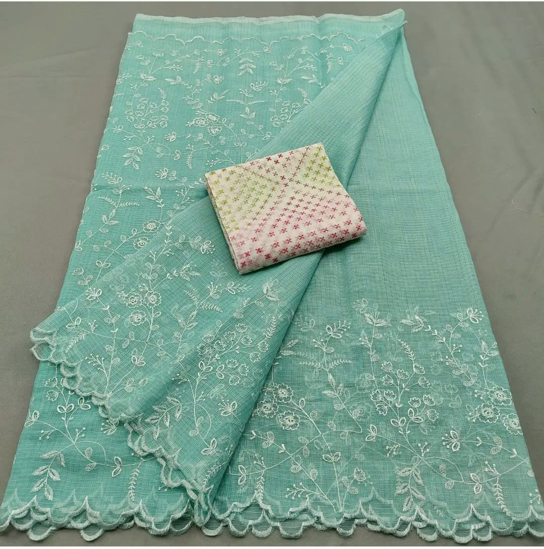 Kota Doria Embrodiery Work Saree With Blouse