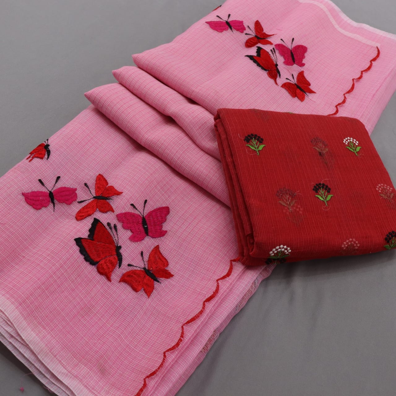Kota-Doria Saree with Blouse and embroidery work