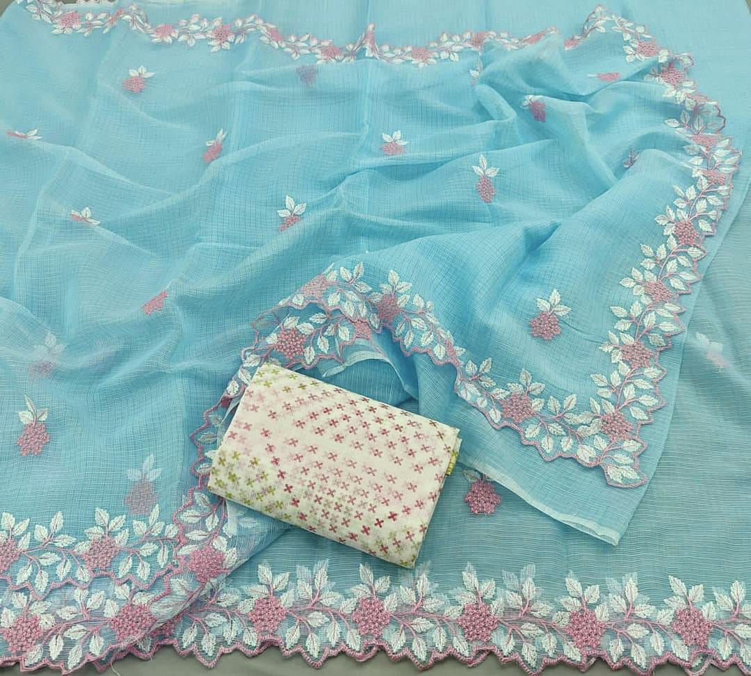 Kota Doria Embrodiery Work Saree With Blouse