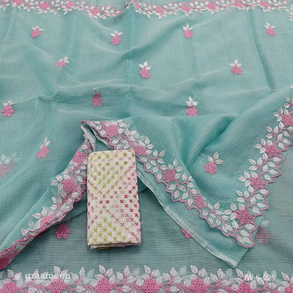 Kota Doria Embrodiery Work Saree With Blouse