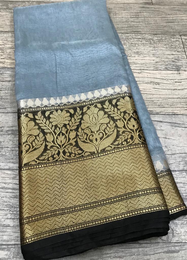 Pure Banarasi Linen Silk Border Saree With Blouse