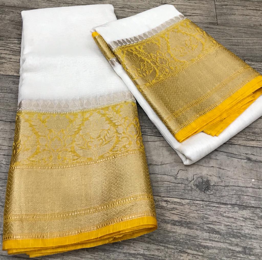 Pure Banarasi Linen Silk Border Saree With Blouse