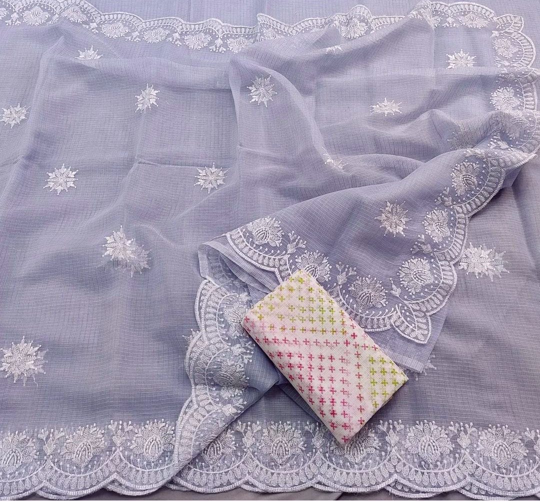 Kota Doria Embrodiery Work Saree With Blouse