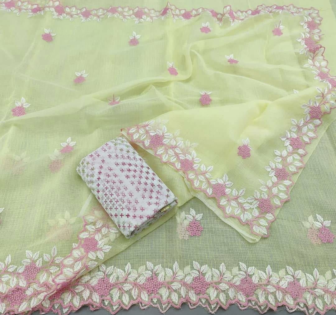 Kota Doria Embrodiery Work Saree With Blouse