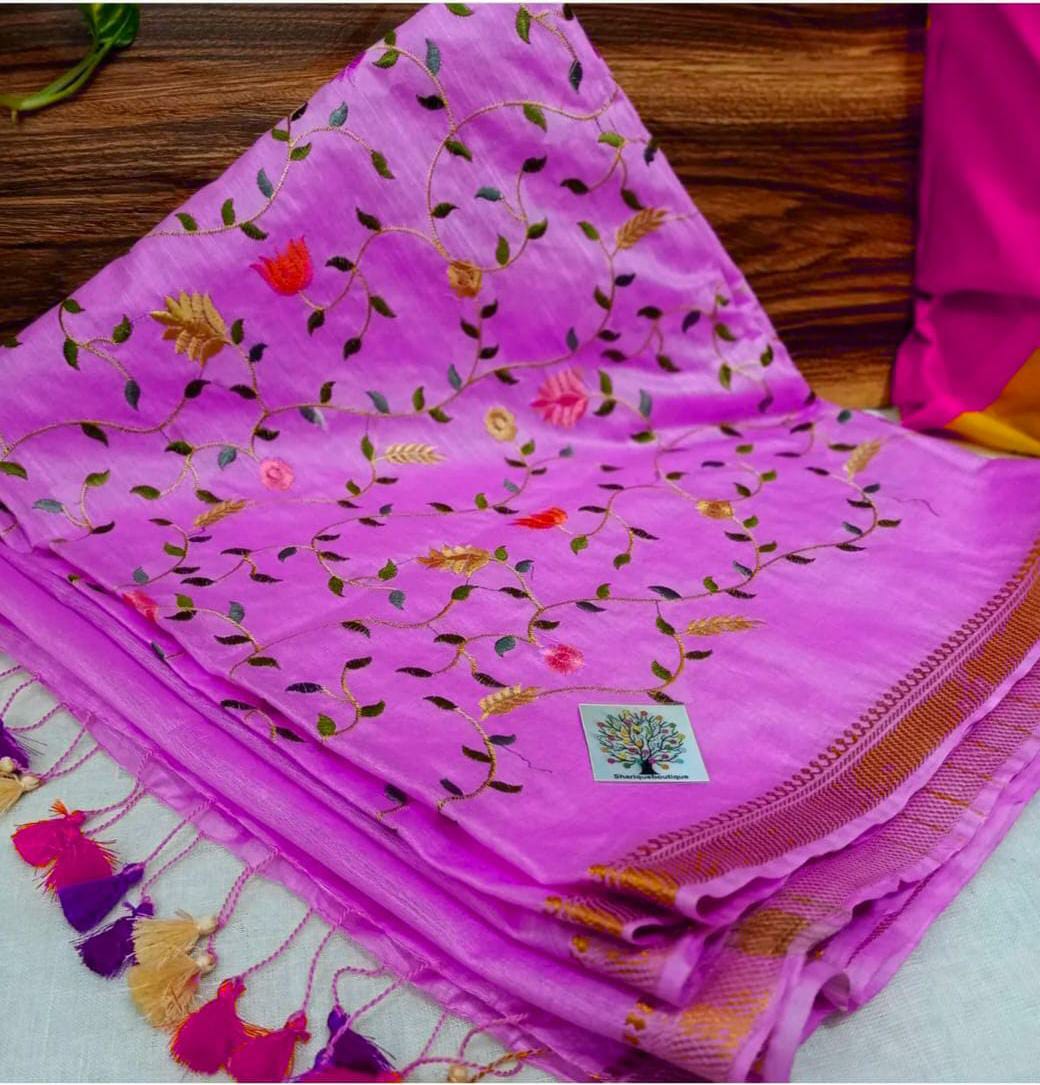 Pure Kota Linen Silk Hand Embroidery Work Saree With Blouse.