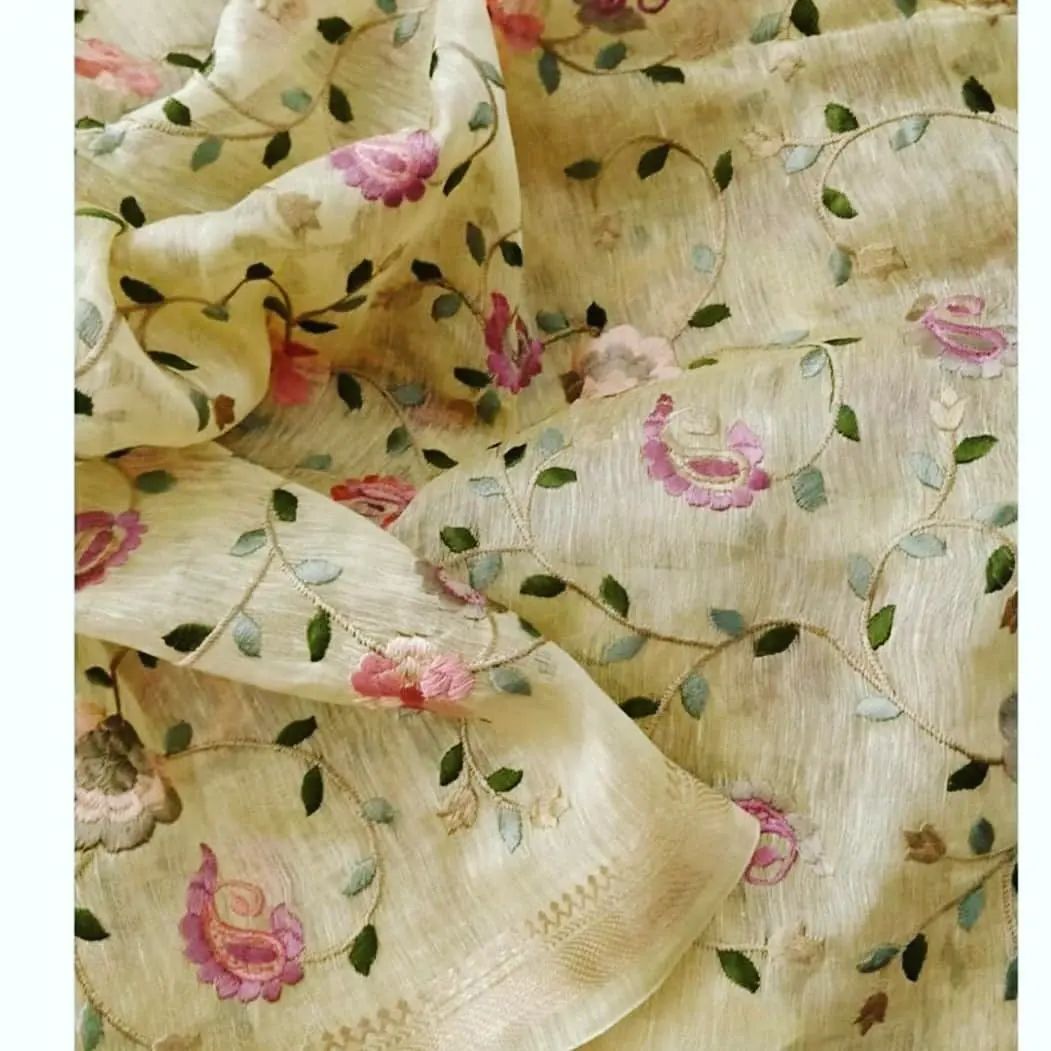 Pure Kota Linen Silk Hand Embroidery Work Saree With Blouse.