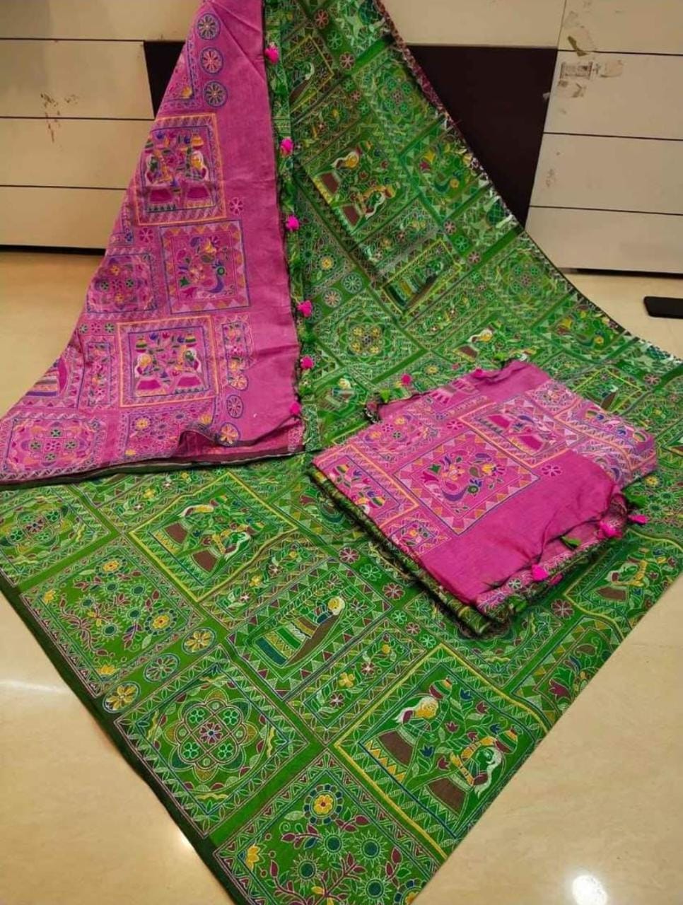 Madhubani Pure Cotton Silk Print Saree With Contrast Blouse .