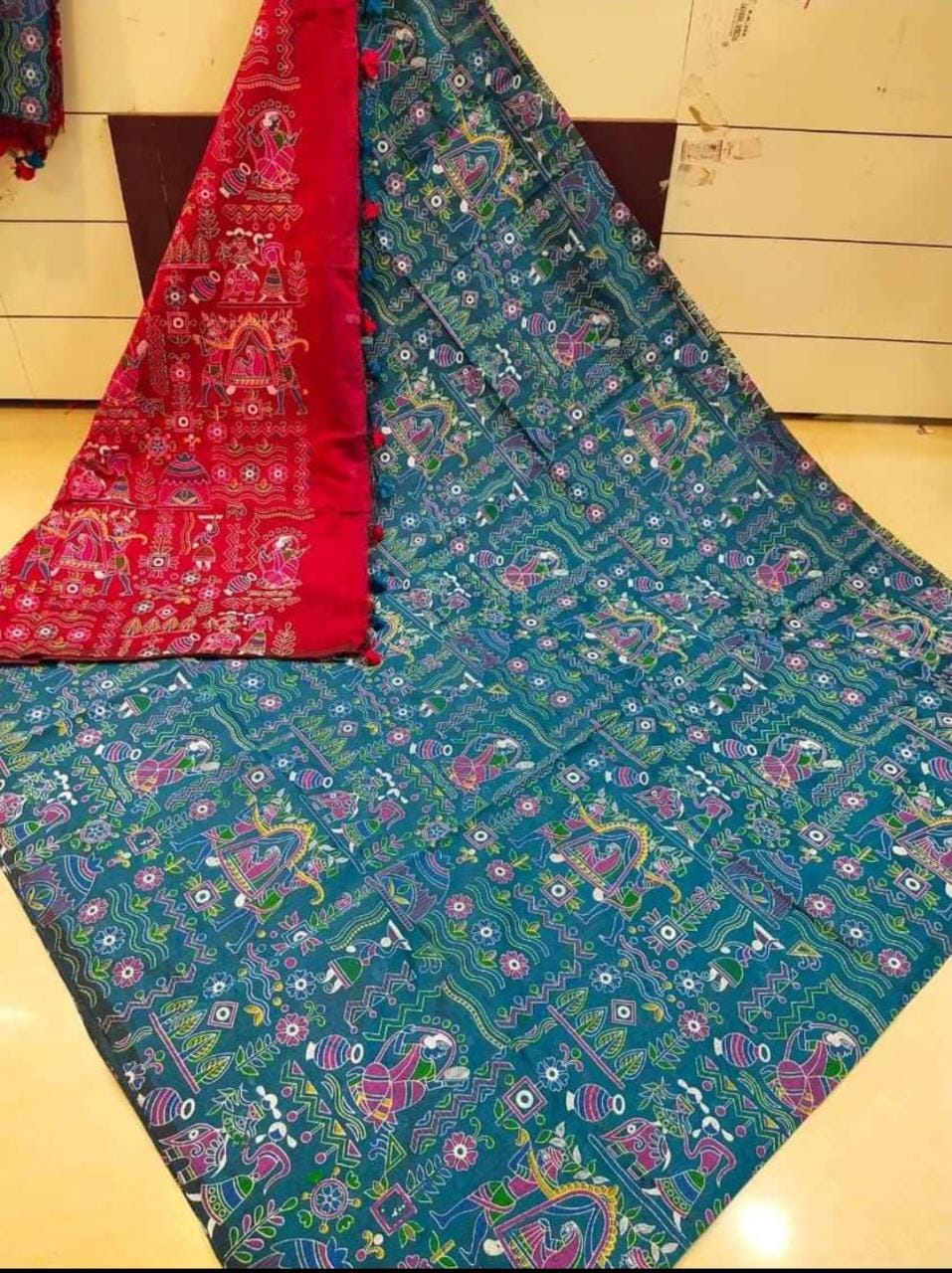 Madhubani Pure Cotton Silk Print Saree With Contrast Blouse .