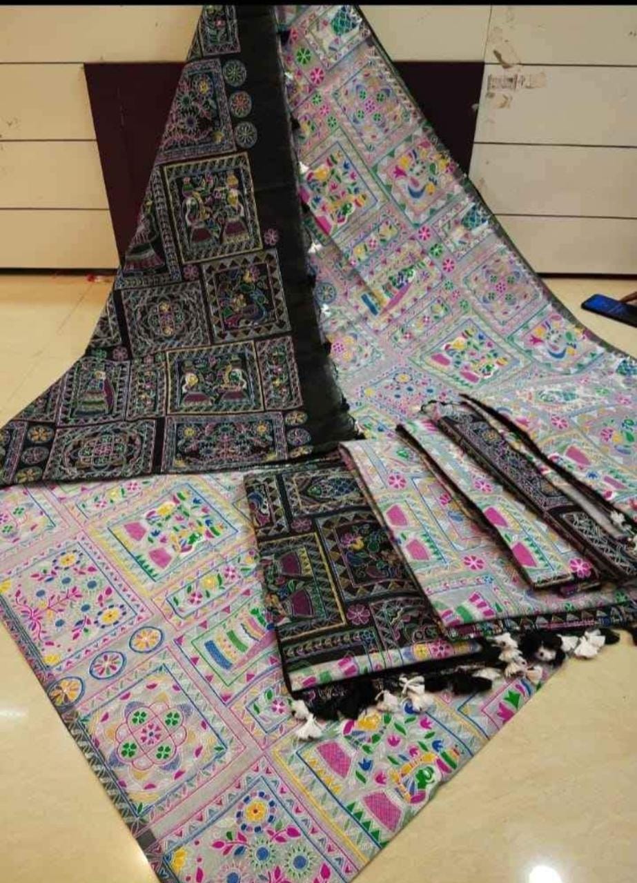 Madhubani Pure Cotton Silk Print Saree With Contrast Blouse .