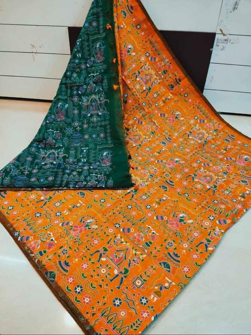 Madhubani Pure Cotton Silk Print Saree With Contrast Blouse .