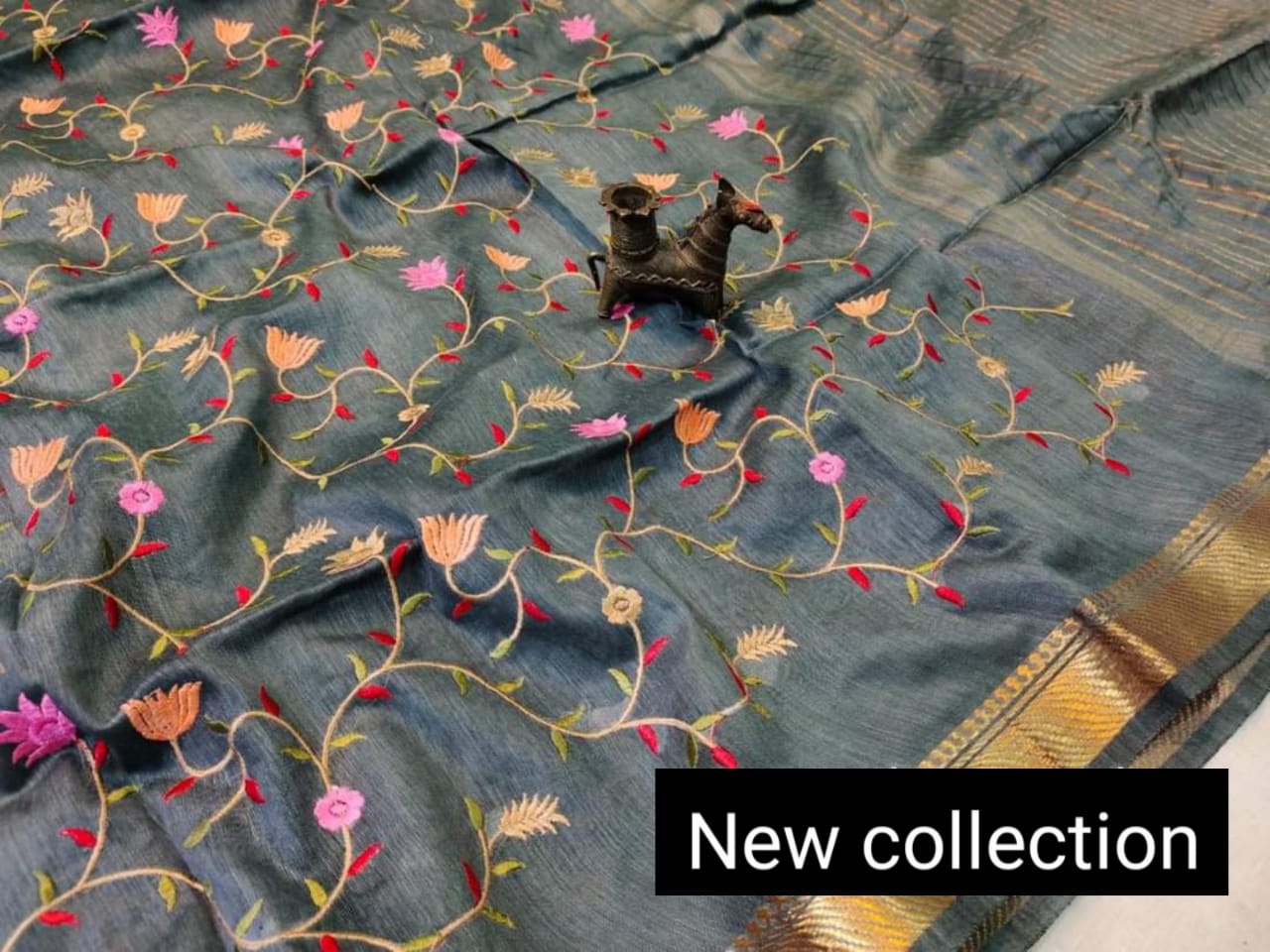 Pure Kota Linen Silk Hand Embroidery Work Saree With Blouse.