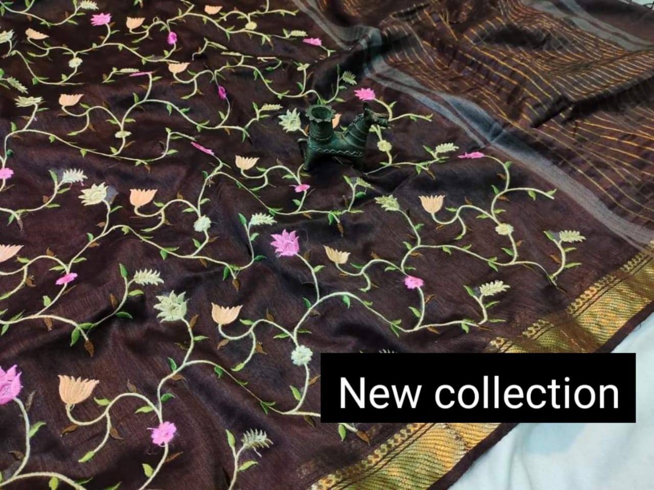 Pure Kota Linen Silk Hand Embroidery Work Saree With Blouse.