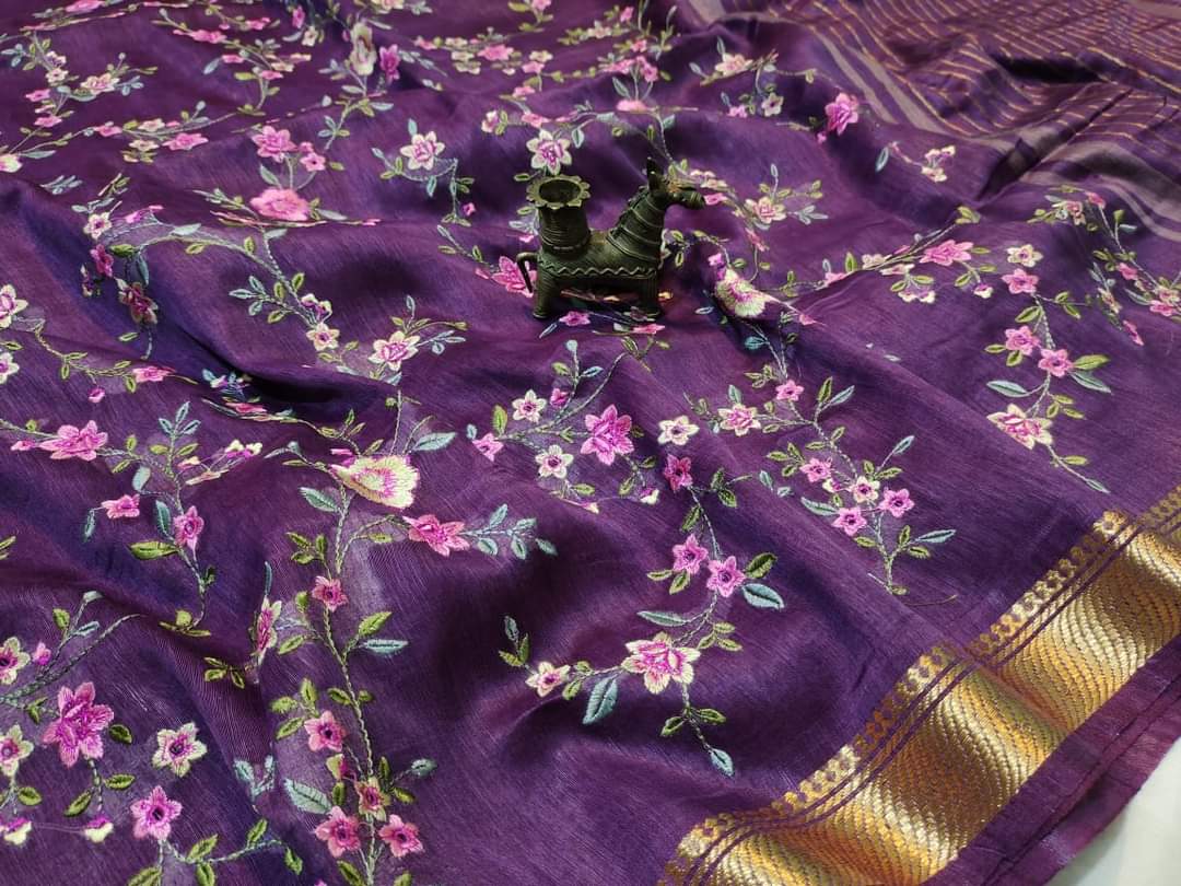 Pure Linen Silk Hand Embroidery Work Saree With Blouse.