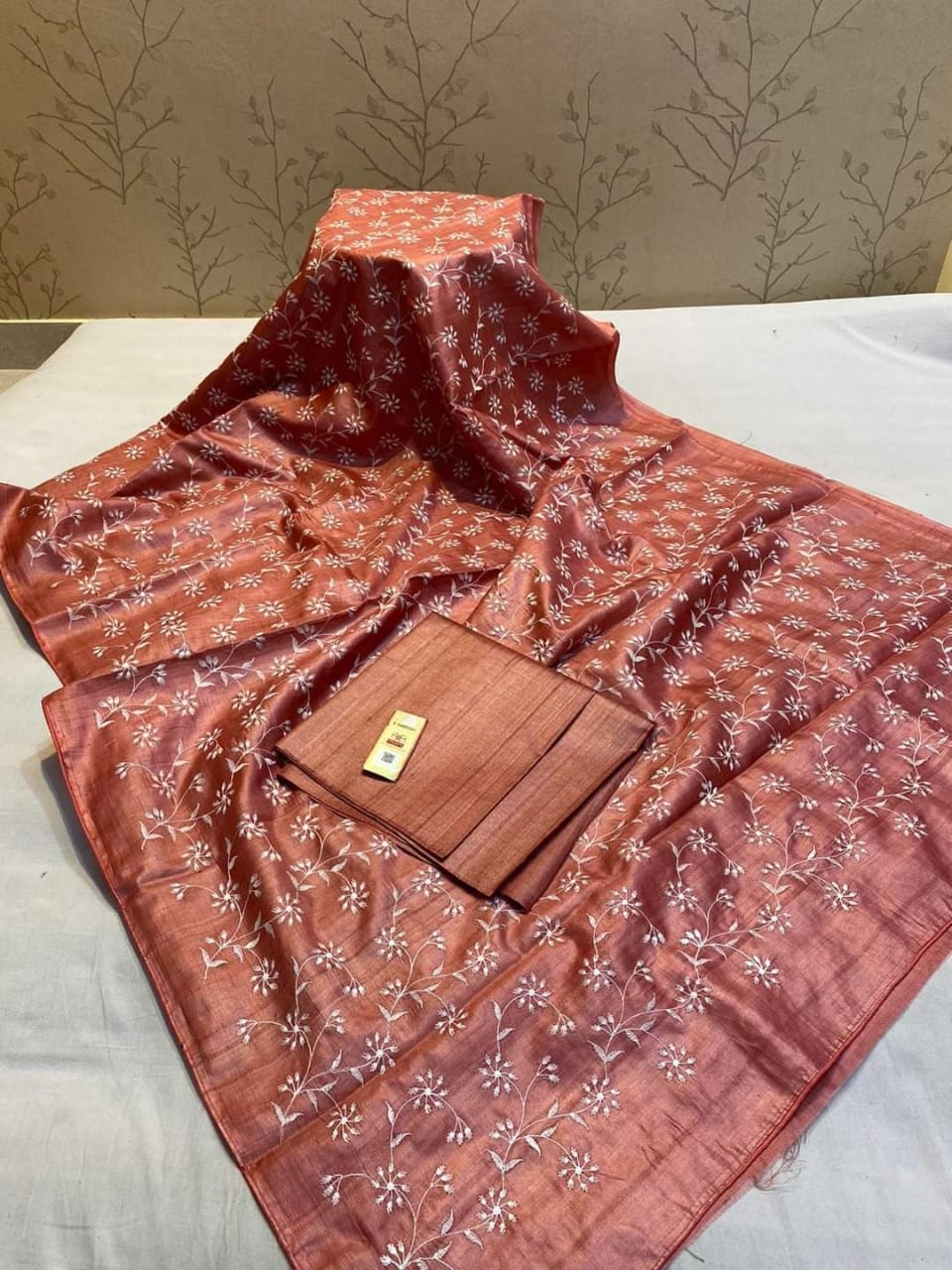 Pure Desi Tussar By Tussar Silk Embroidery Work Saree With Running Blouse.