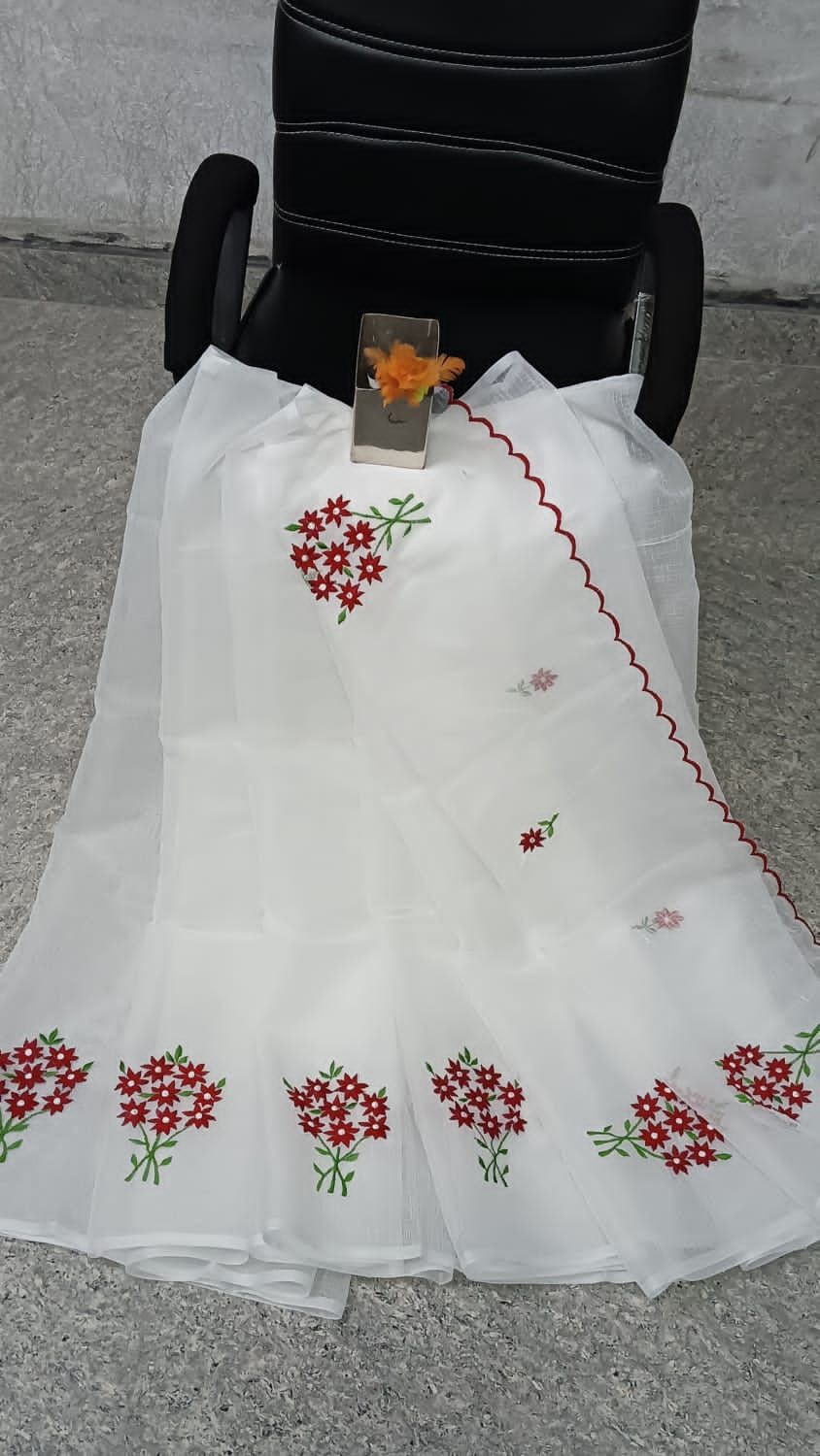 Kota-Doria Unstitched Saree with Embroidey Work