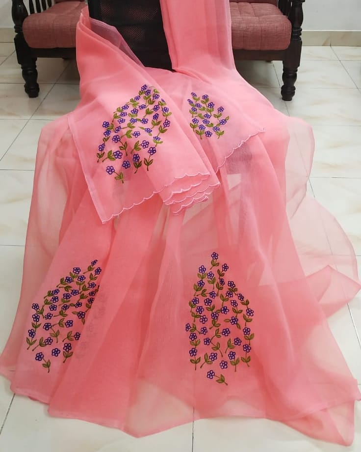 Kota-Doria Unstitched Saree with Embroidey Work