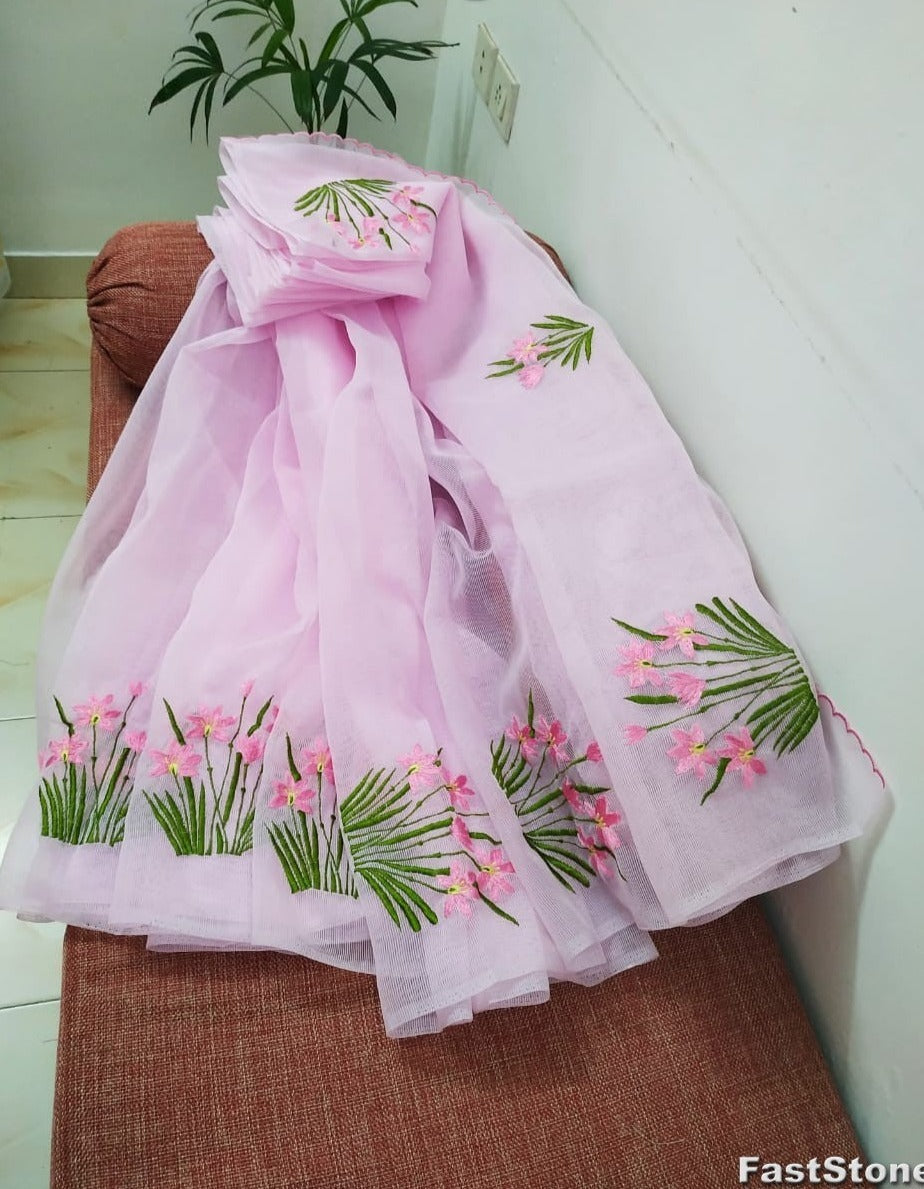 Kota-Doria Unstitched Saree with Embroidey Work