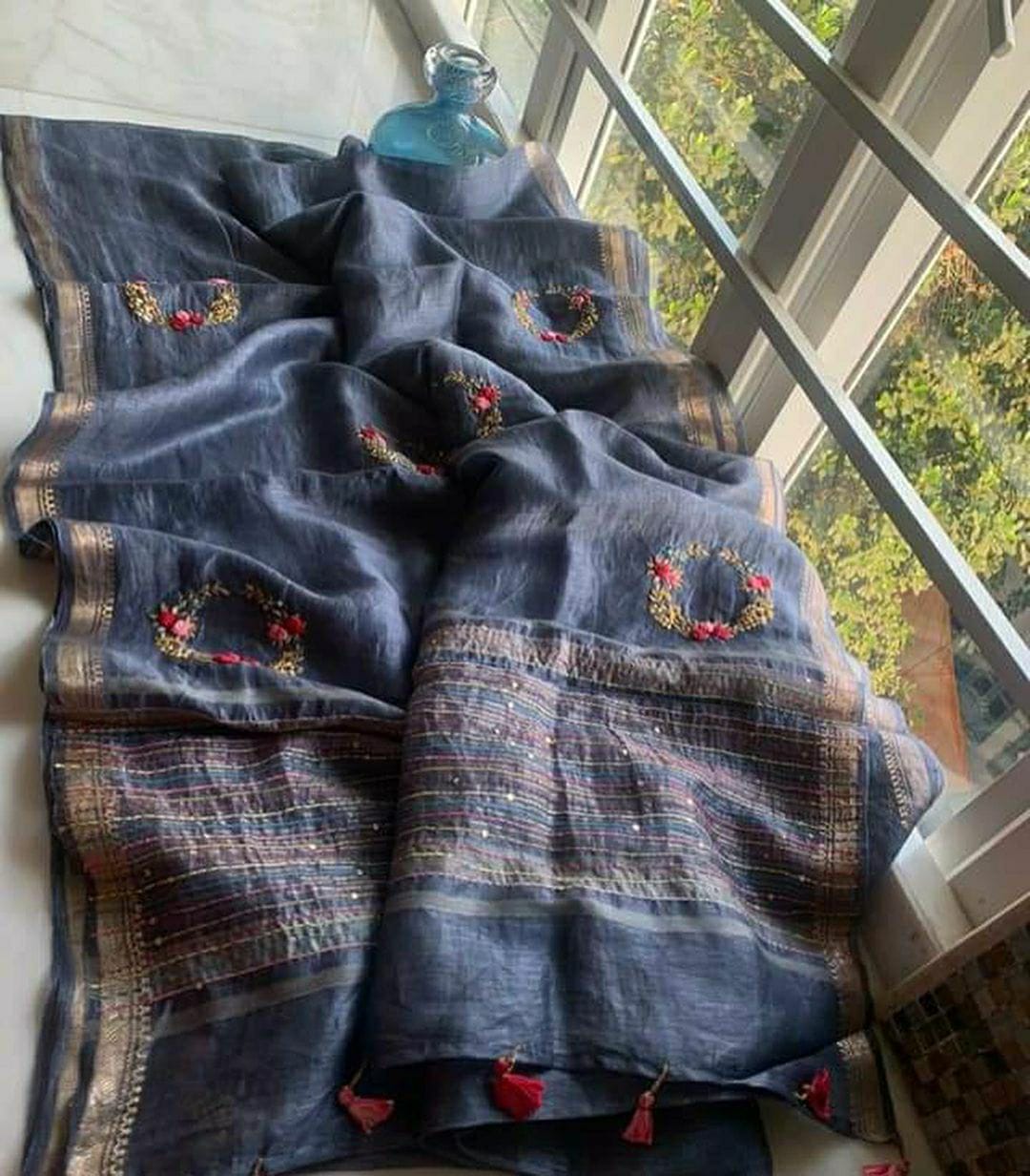 Grey Color Pure Linen Silk Hand Embroidery Work Saree With Blouse.