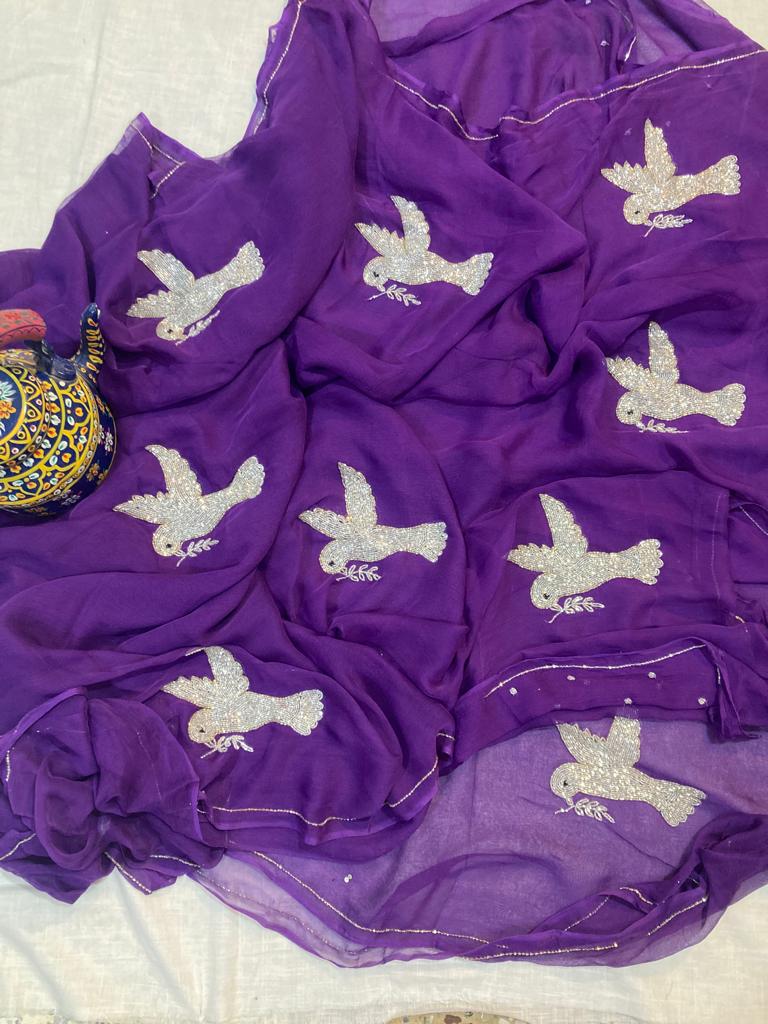 Beautiful Pure Jaipuri Chiffon 13 big Bird motif work Saree with blouse
