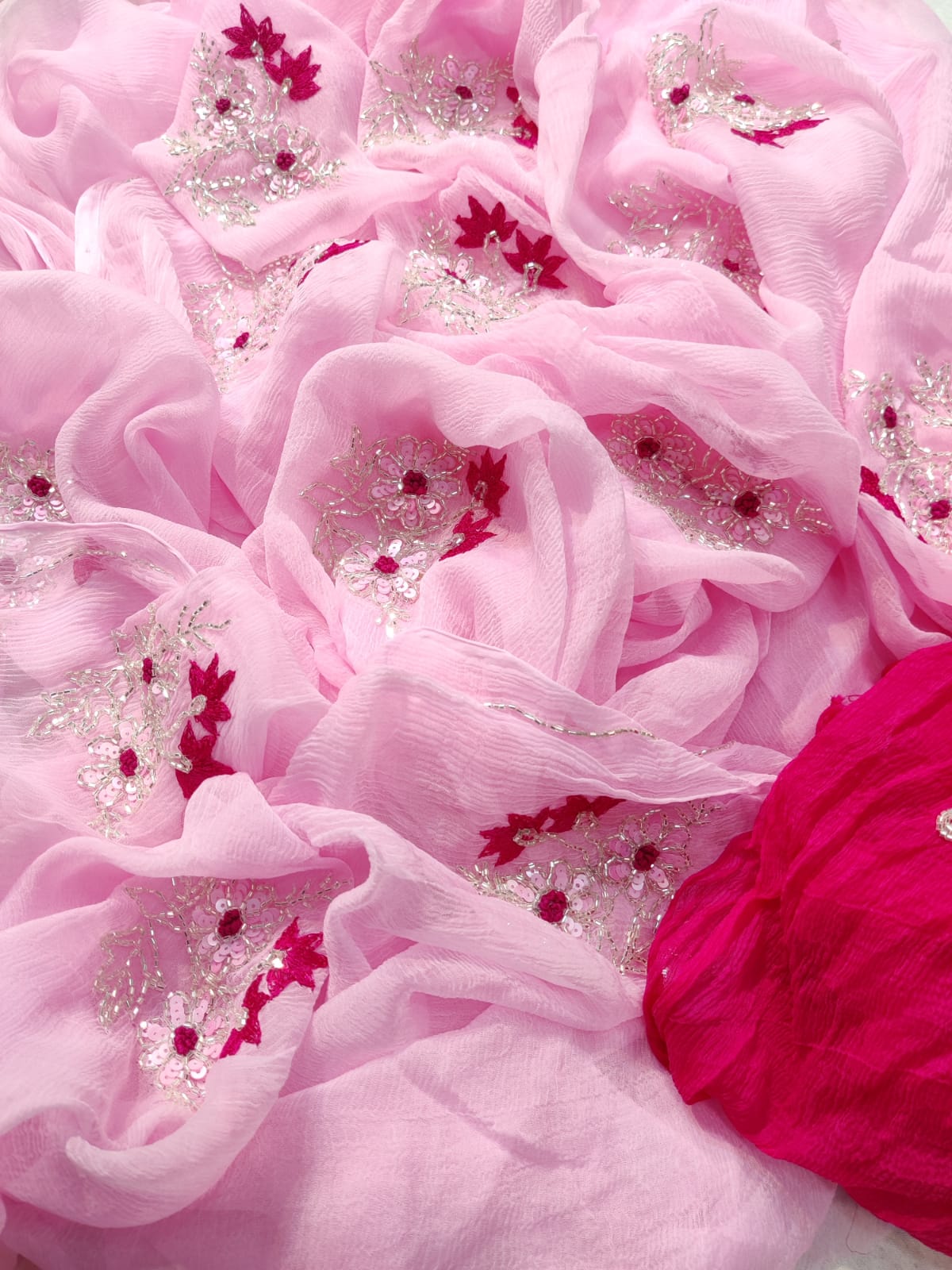 Baby Pink Color Flower motif design pure jaipuri Chiffon Saree