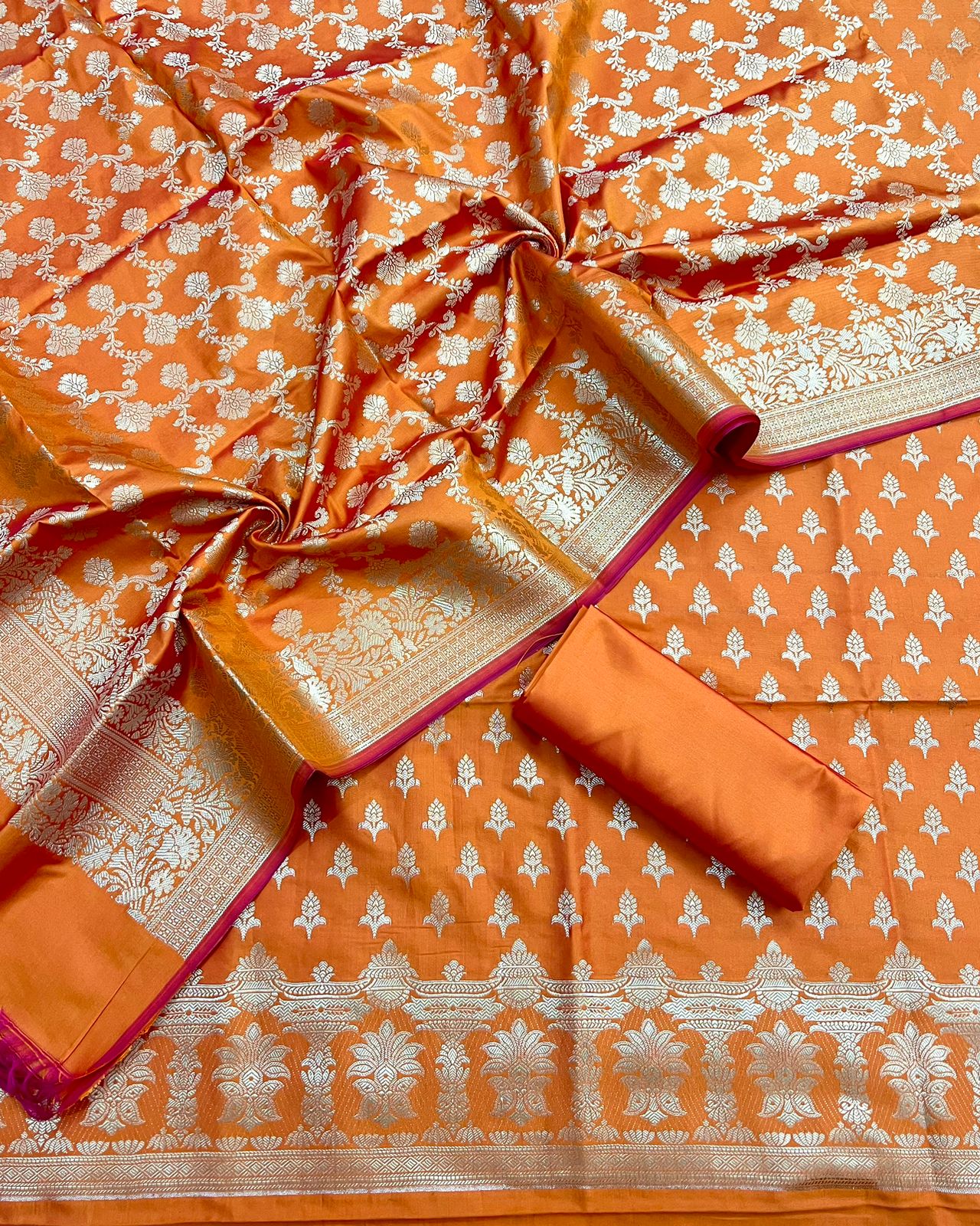 Pure Banarasi Silk Unstitched Suit With Jaal Dupatta