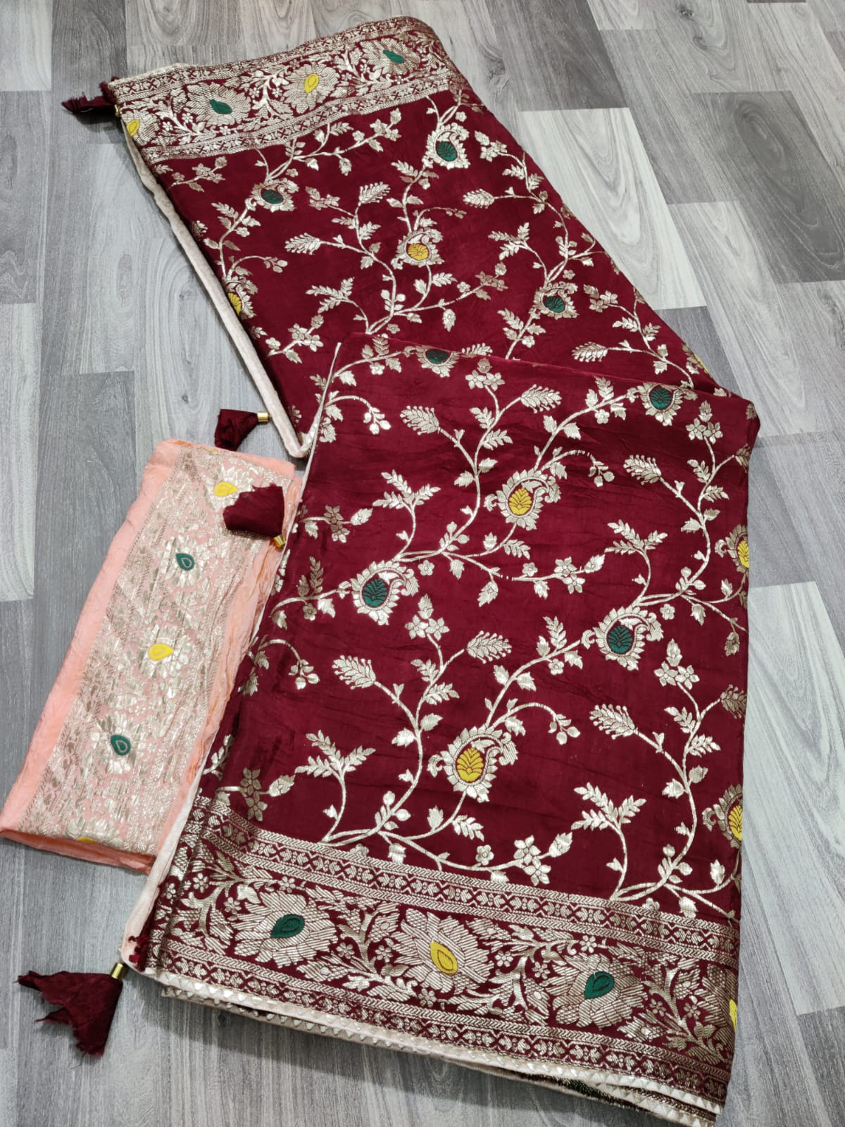 Beautiful moonga silk saree with rose weaving and contrast blouse