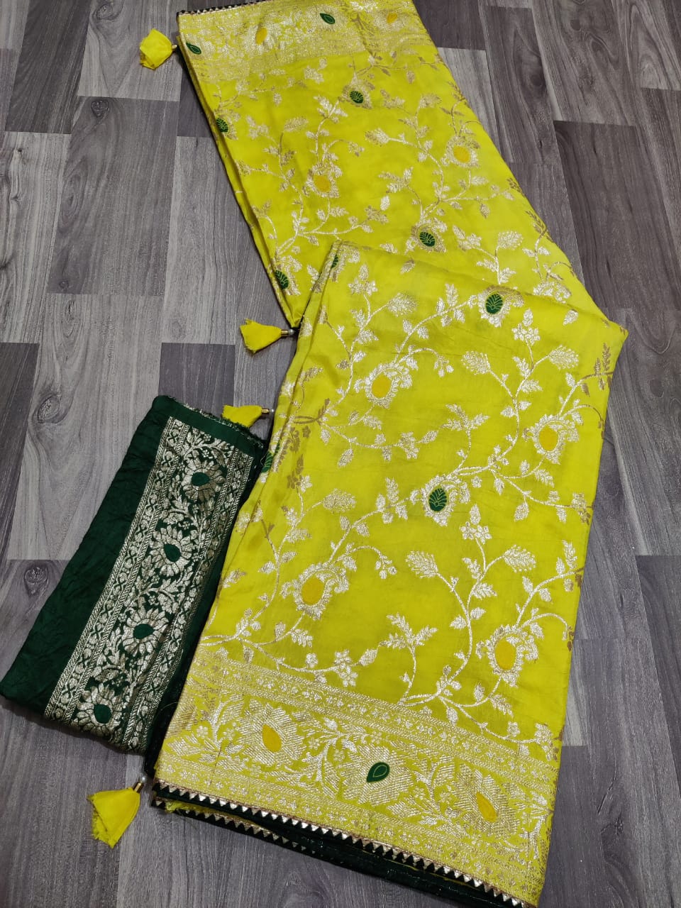 Beautiful moonga silk saree with rose weaving and contrast blouse