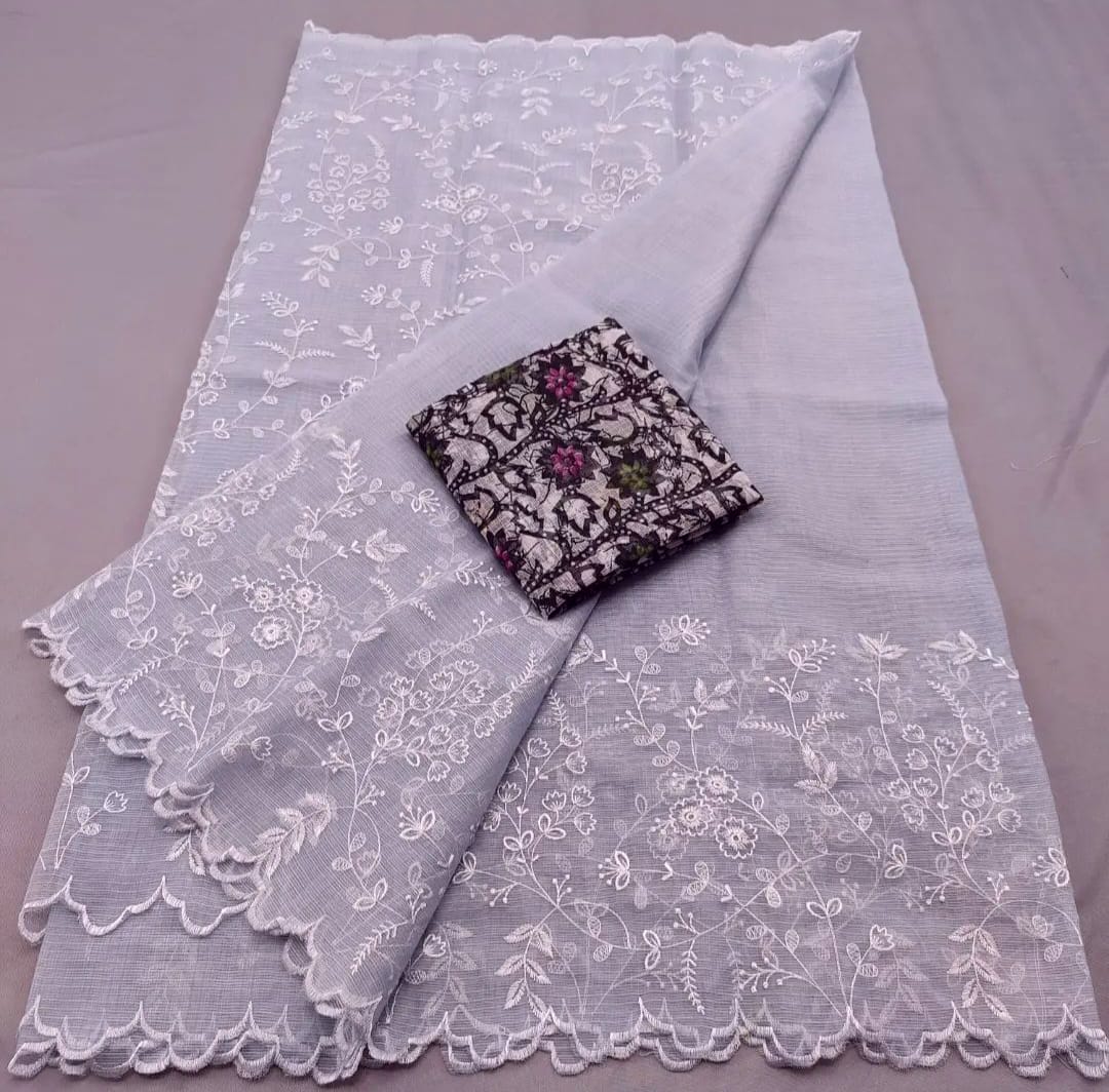 Kota Doria Embrodery Work Saree With Blouse