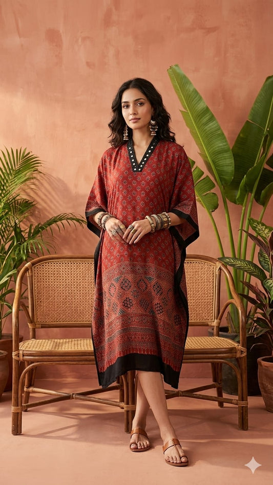 Pure Modal Silk Handblock Printed Kaftans Stitched suit With Hand Mirror Work