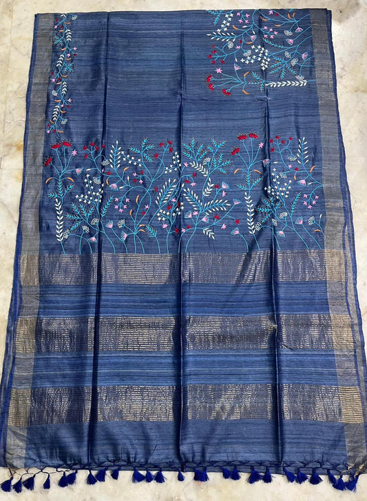 Pure Desi Tussar By Tussar Silk Embroidery Work Saree With Running Blouse