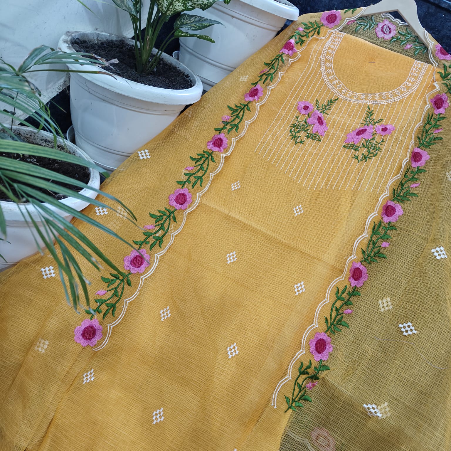 Pure Kota-Doria Unstitched Suit with Embroidery Work