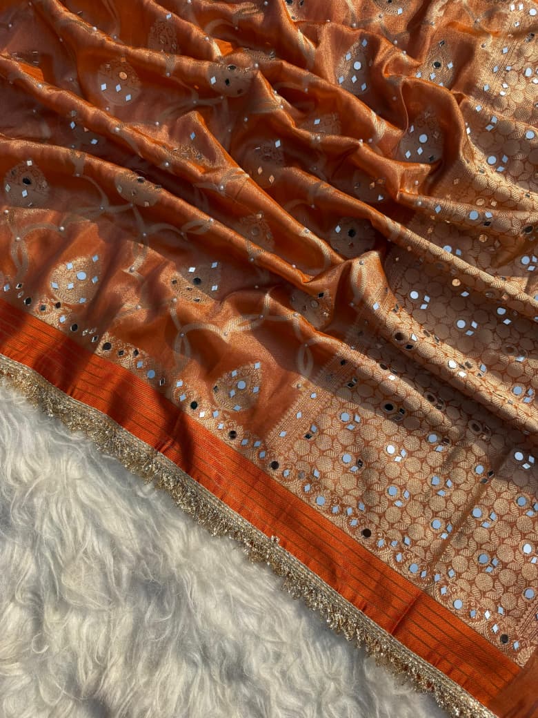 Elegant Tissue Mirror Work Saree with Designer Lace Border