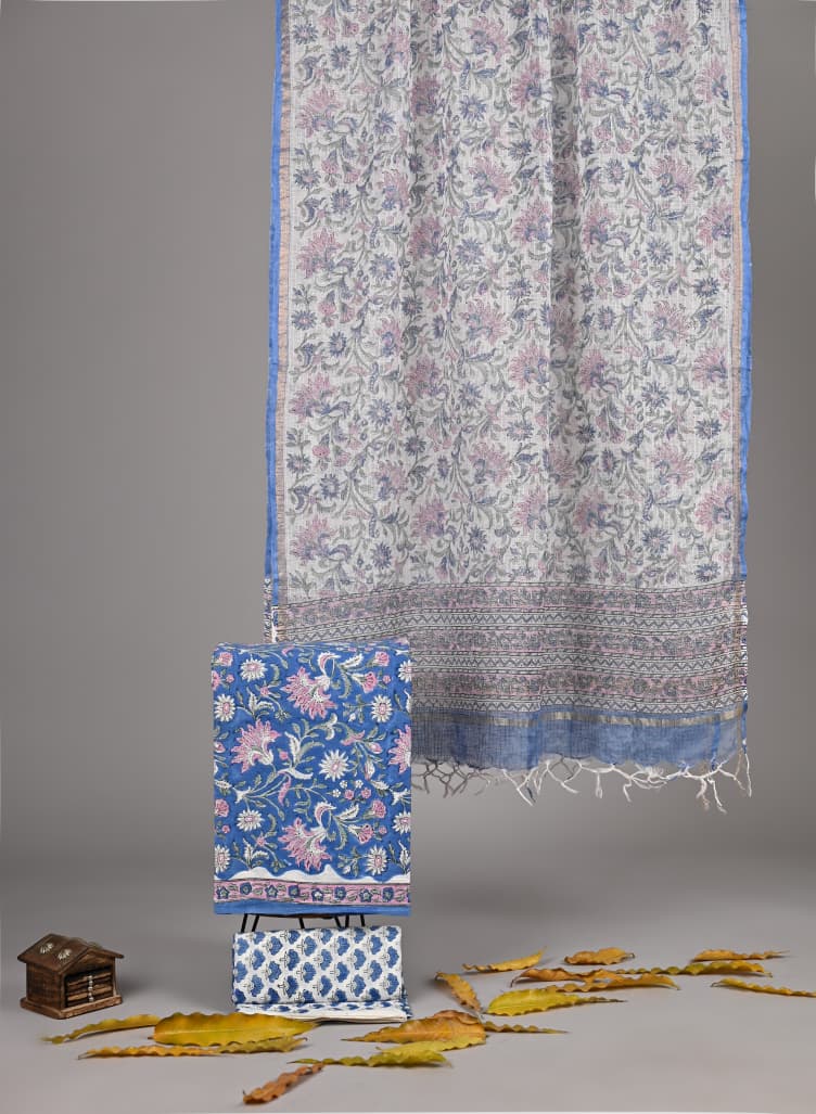 Pure Cotton Hand Block Print Suit With Kota Doriya Dupatta
