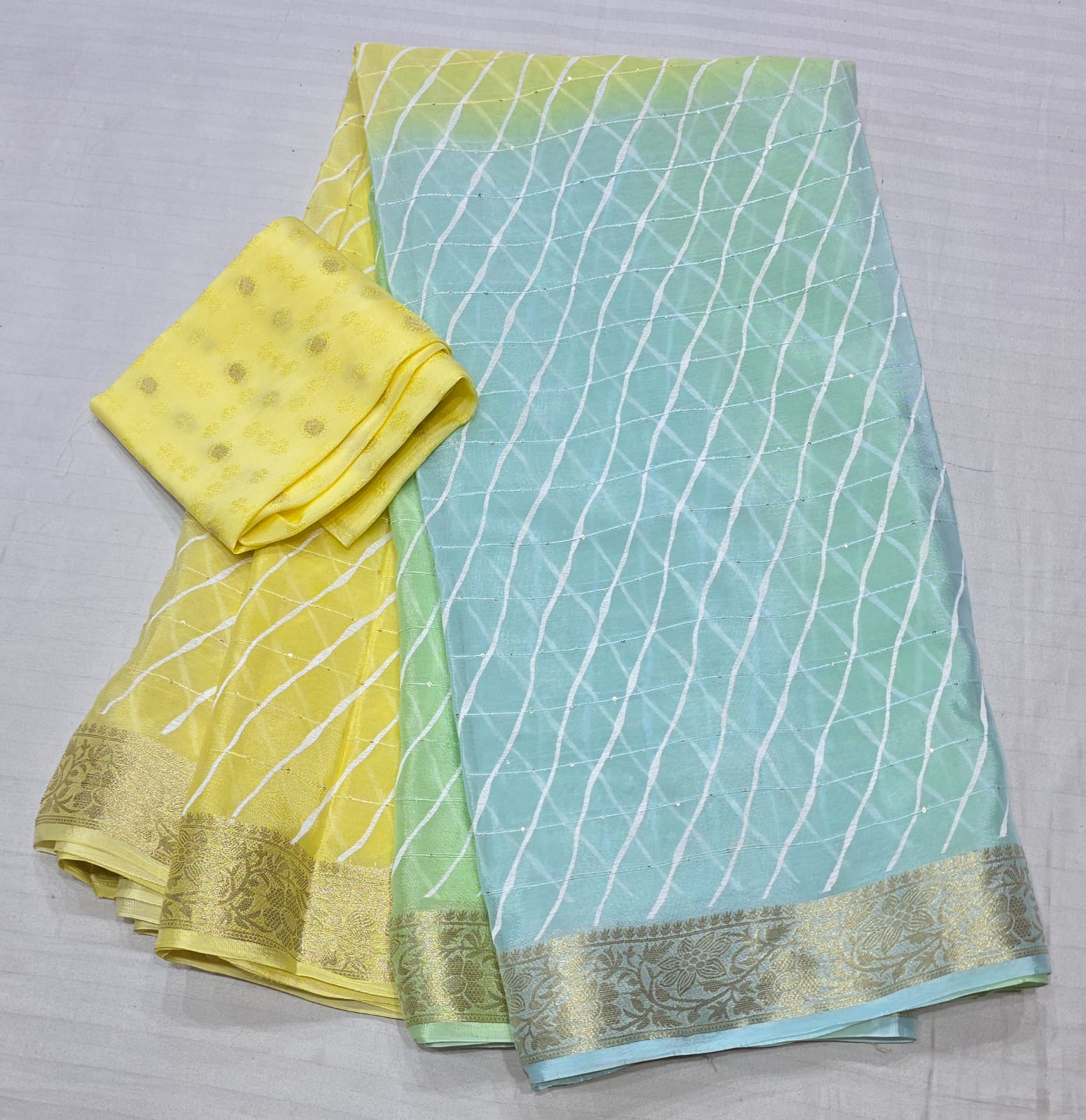Pure Chinon Leheriya Printed Saree with Sequins work