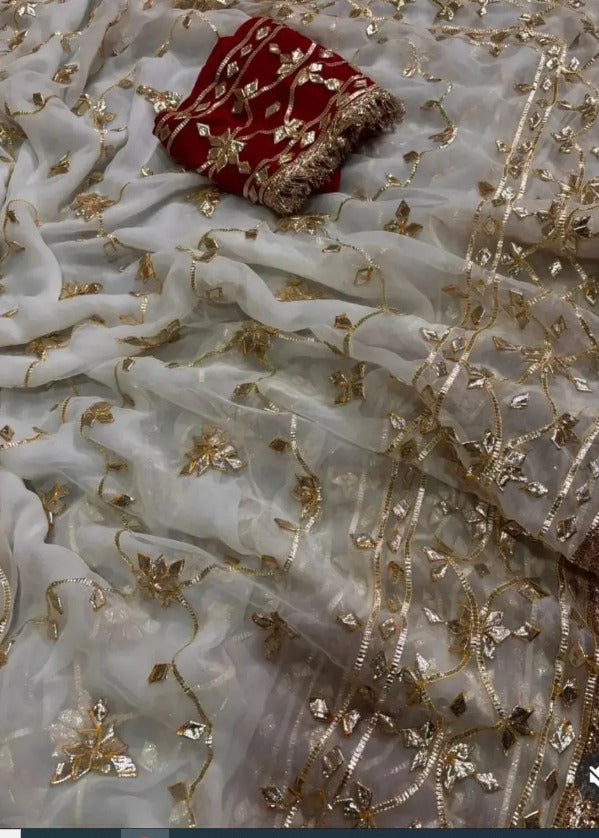 Pure Diamond Chiffon Gota Patti  Work Saree With Blouse