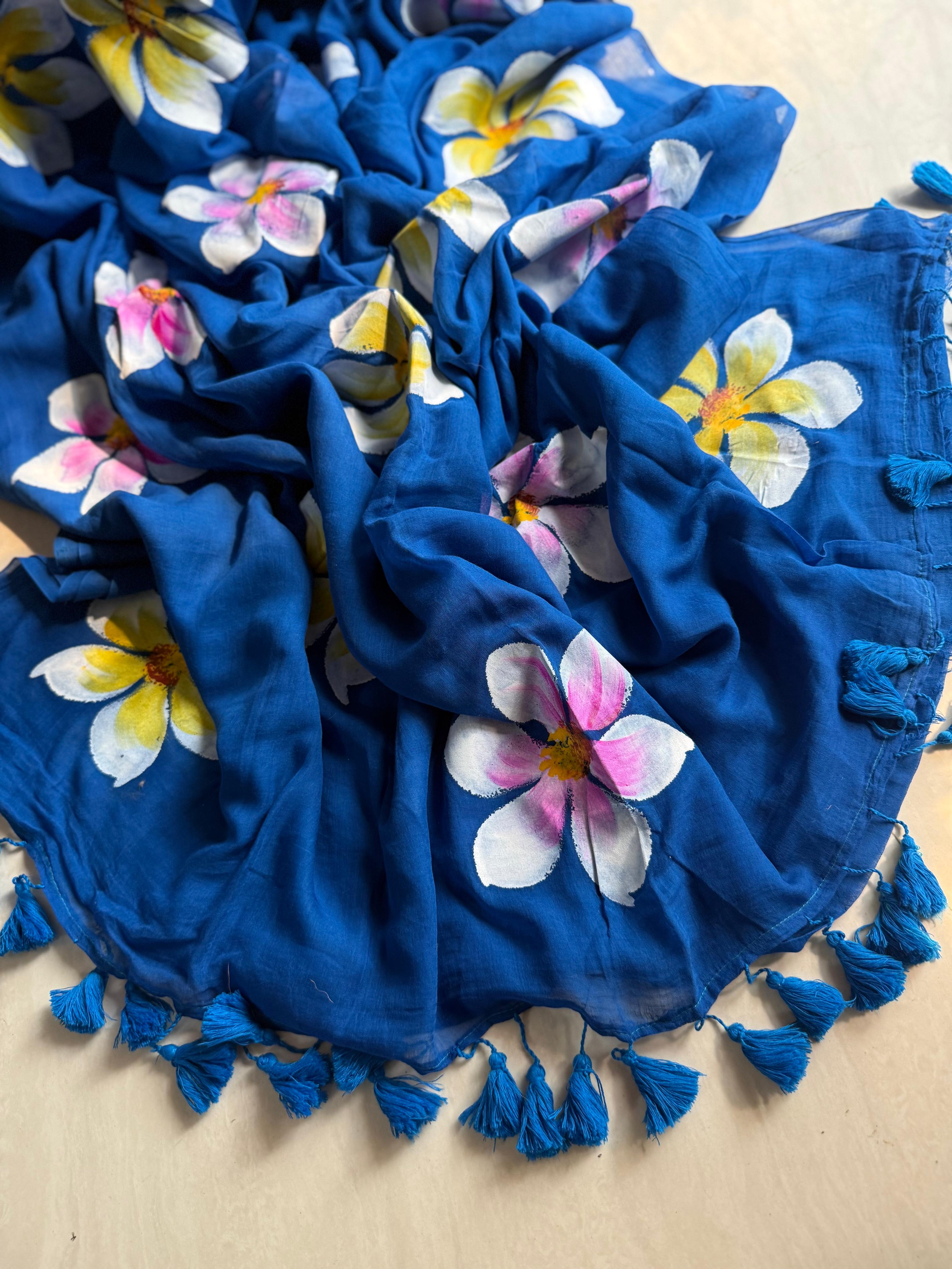 Beautiful Mulmul   Cotton Flowers design Hand Painted Saree