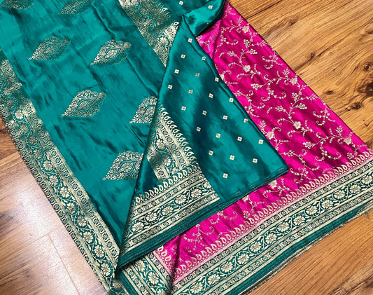 Exclusive pure gajji satin silk saree with contrast pallu and blouse