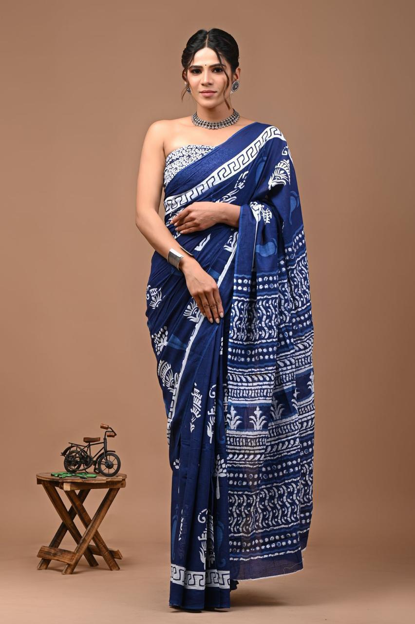 Pure Mulmul Cotton hand block Print Saree with Blouse